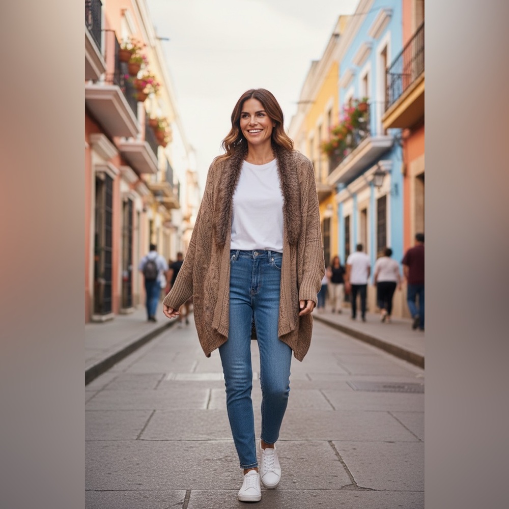 Women's Brown Sweater with Faux Fur Collar